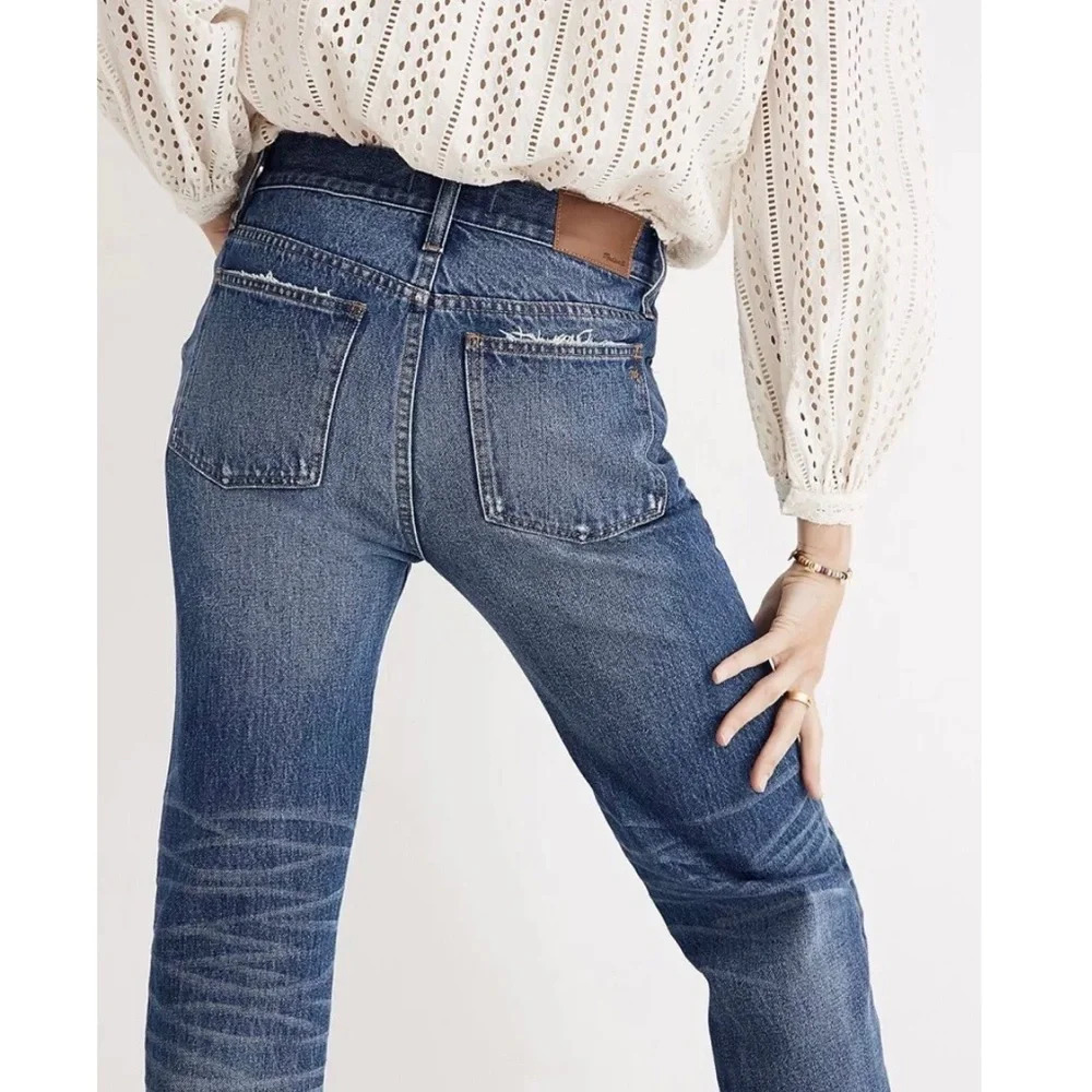 Madewell Classic Straight Jeans in Jade Wash: Knee-Rip Edition J7951 Size 27 - Picture 3 of 15